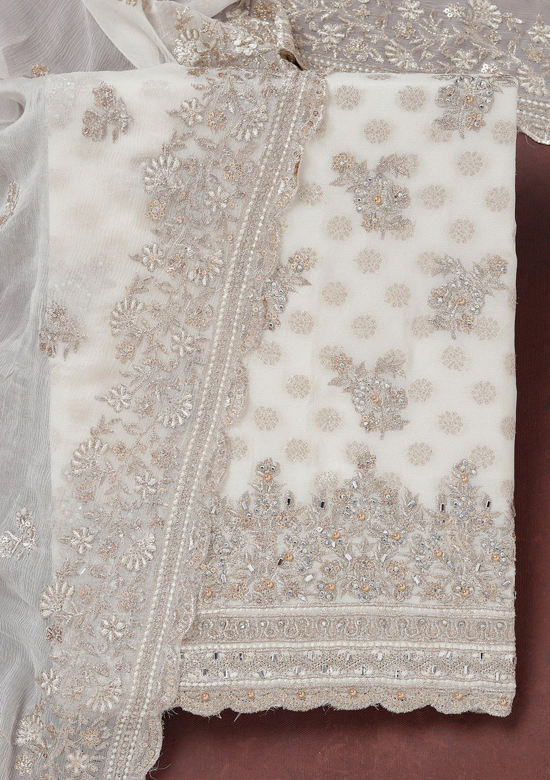 Cream Zariwork (Gold) Chinon Unstitched Salwar Suit_koskii