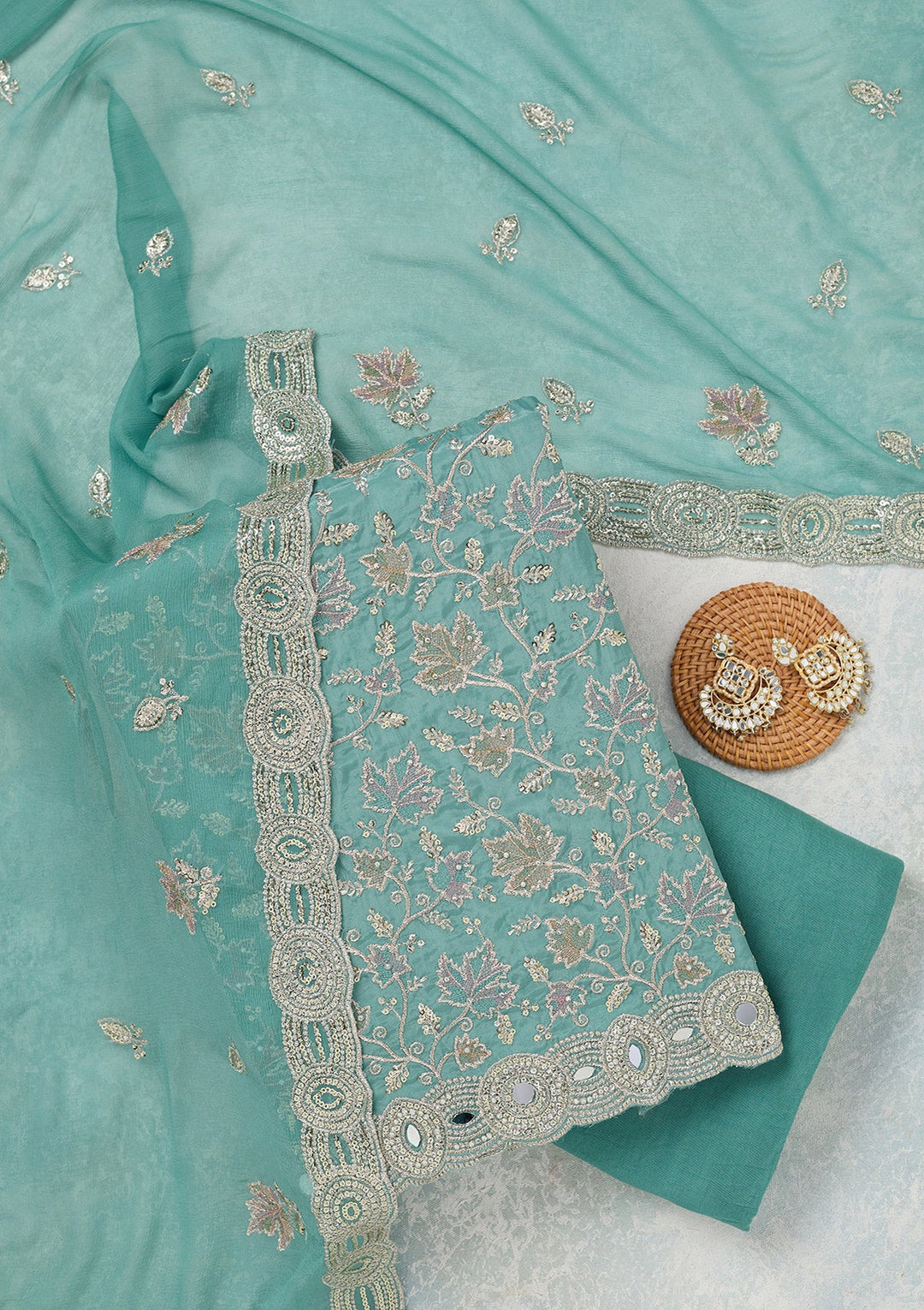 Blue Mirrorwork Organza Unstitched Salwar Suit_koskii