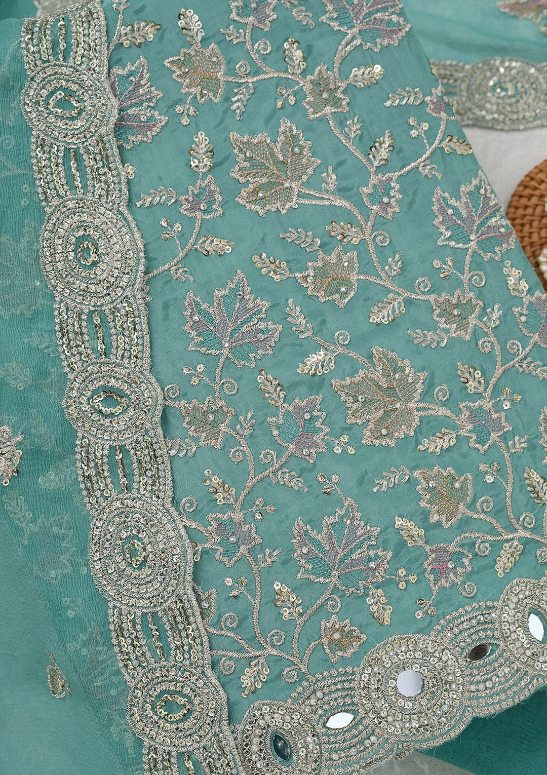 Blue Mirrorwork Organza Unstitched Salwar Suit_koskii