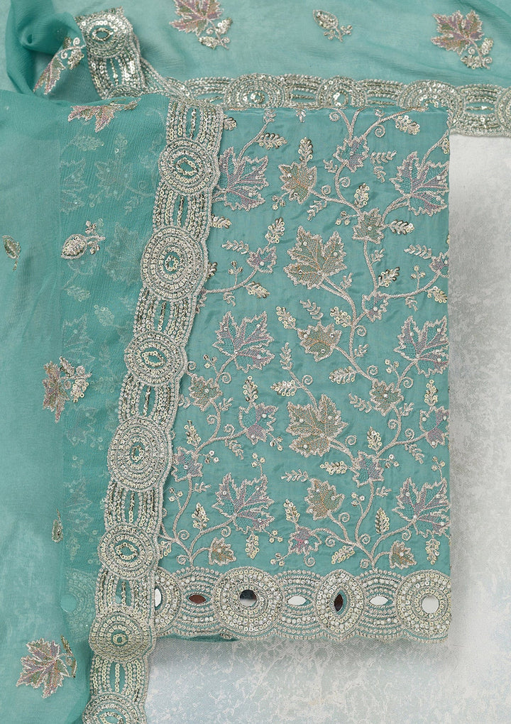 Blue Mirrorwork Organza Unstitched Salwar Suit_koskii