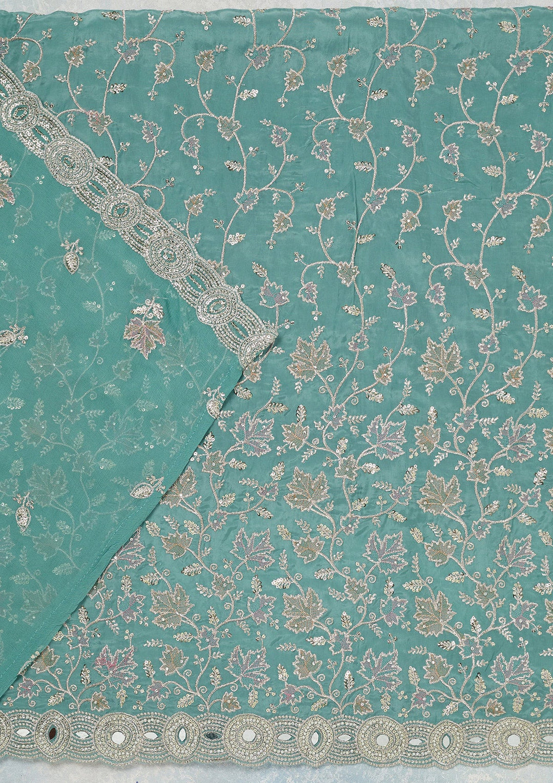 Blue Mirrorwork Organza Unstitched Salwar Suit_koskii