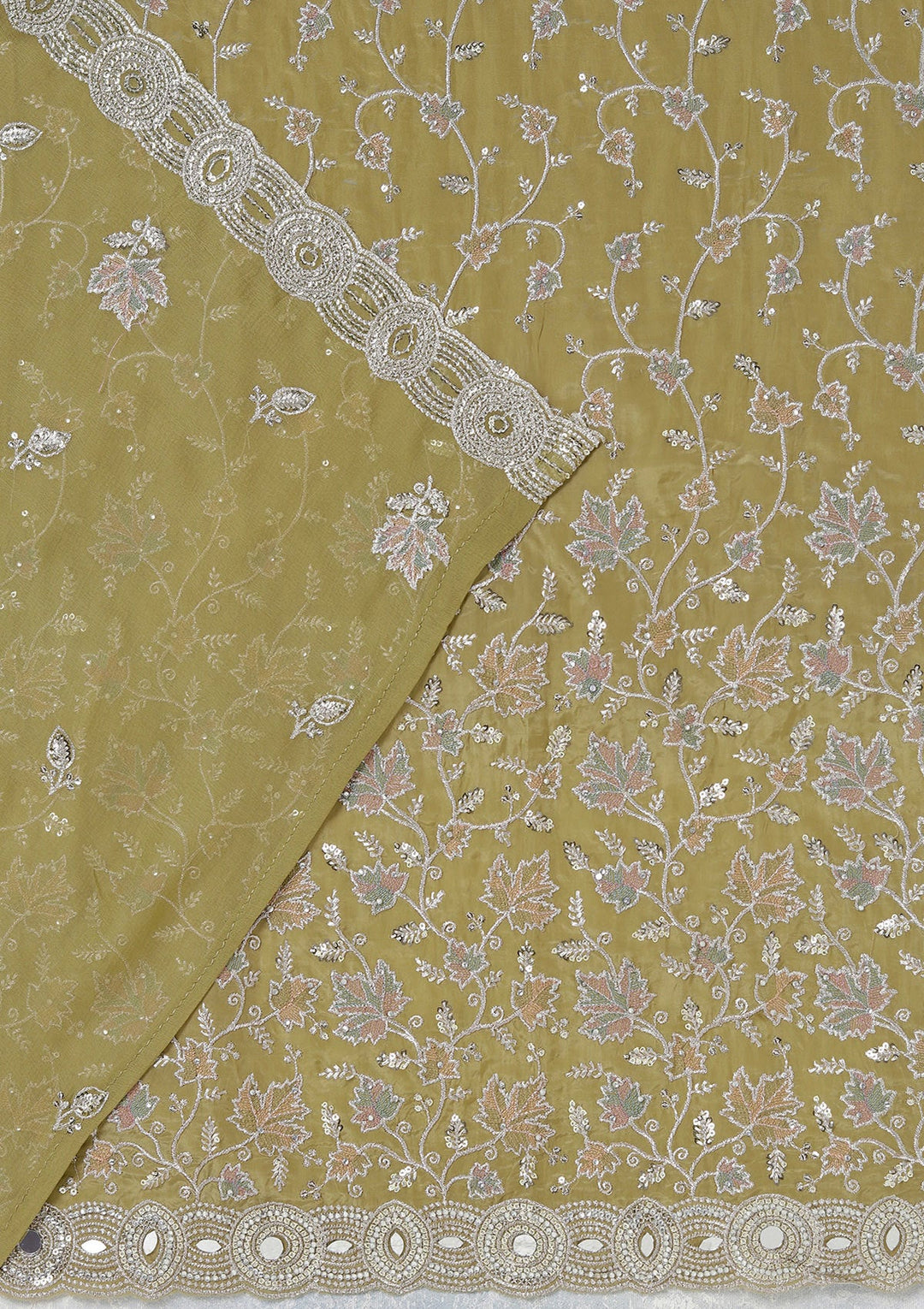 Mehendi Mirrorwork Organza Unstitched Salwar Suit_koskii