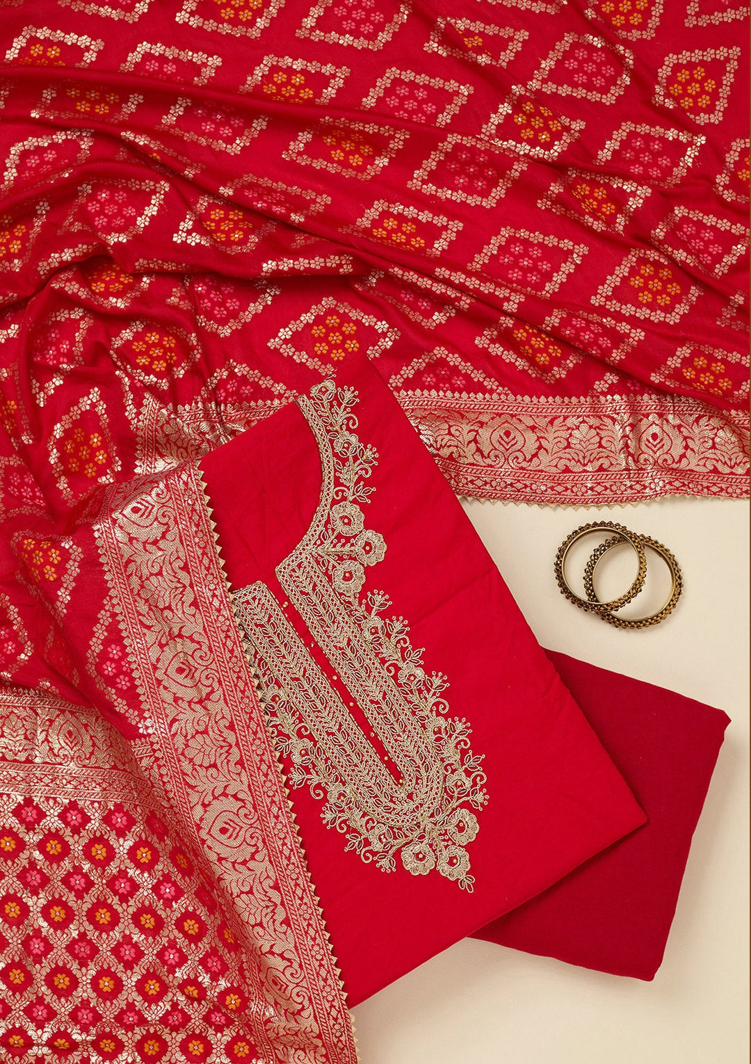 Red Zariwork (Gold) Chanderi Unstitched Salwar Suit_koskii