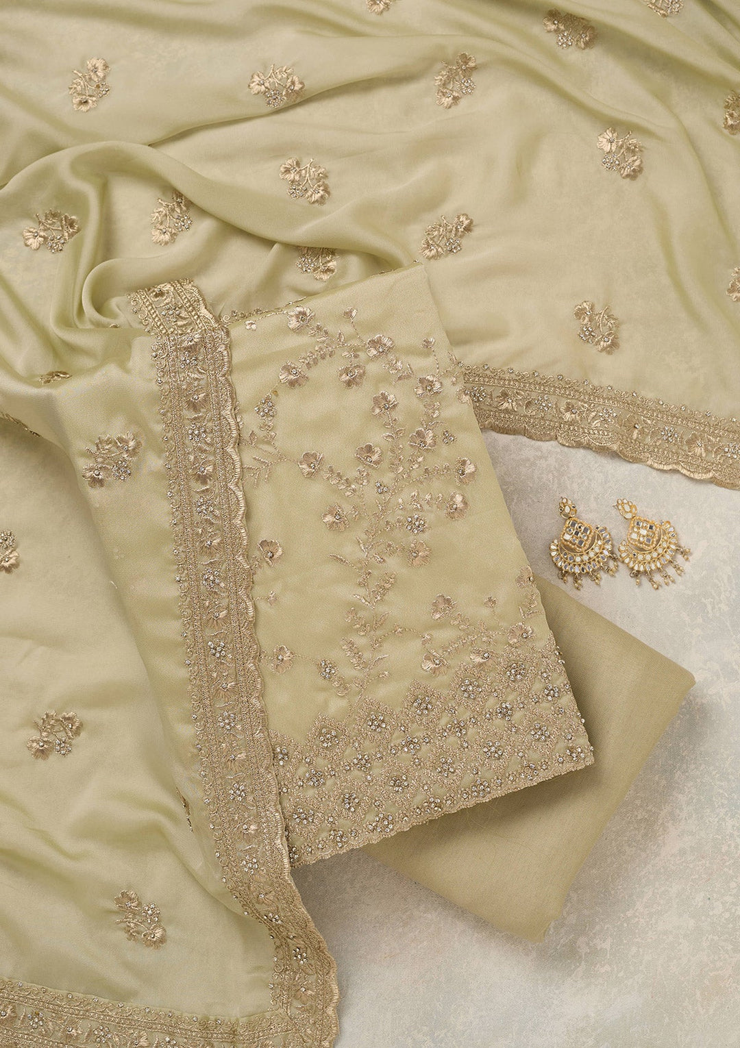 Pista Green Zardozi (Silver) Semi Crepe Unstitched Salwar Suit_koskii