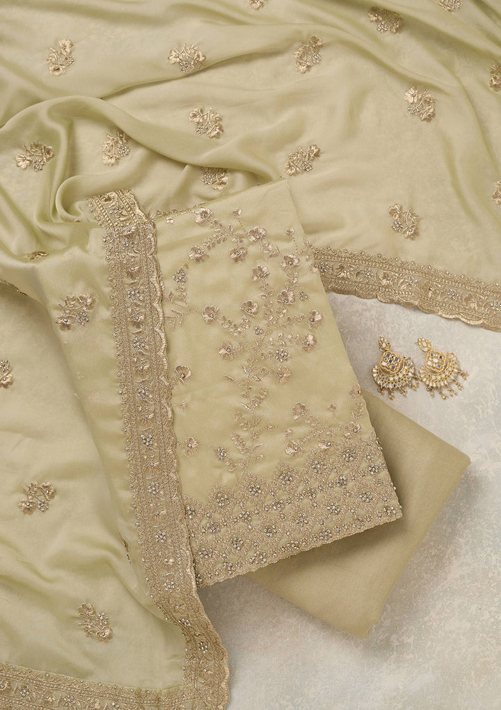 Pista Green Zardozi (Silver) Semi Crepe Unstitched Salwar Suit_koskii
