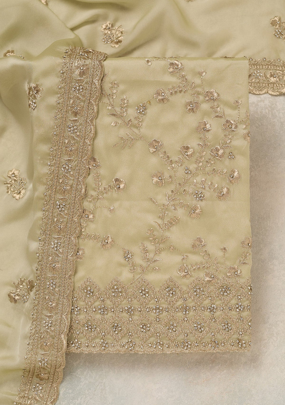 Pista Green Zardozi (Silver) Semi Crepe Unstitched Salwar Suit_koskii