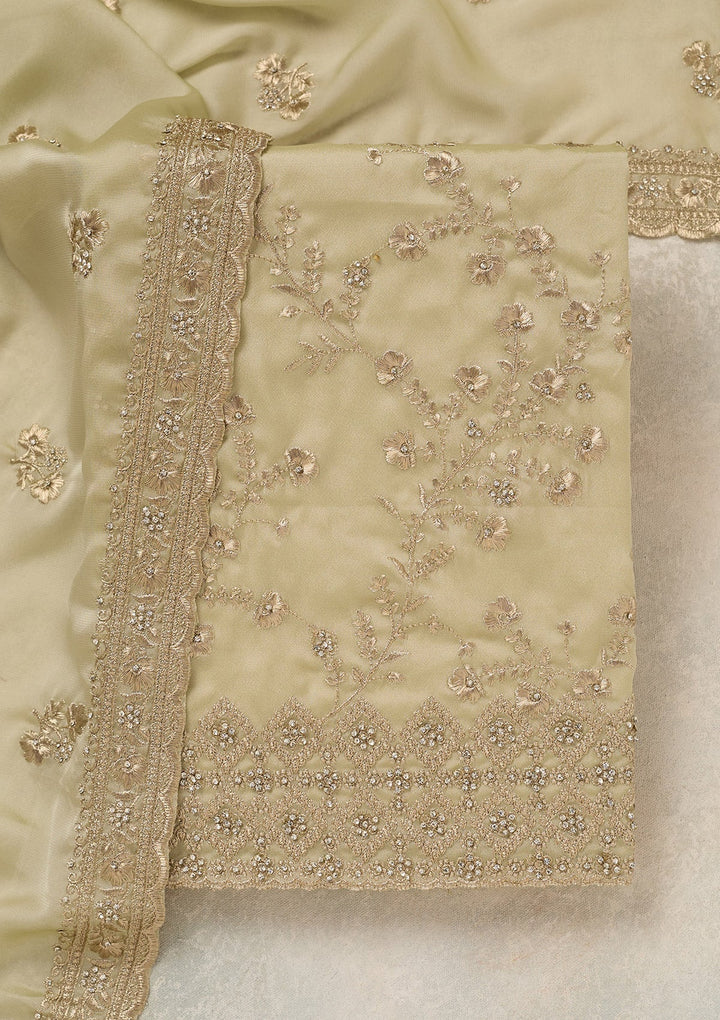 Pista Green Zardozi (Silver) Semi Crepe Unstitched Salwar Suit_koskii