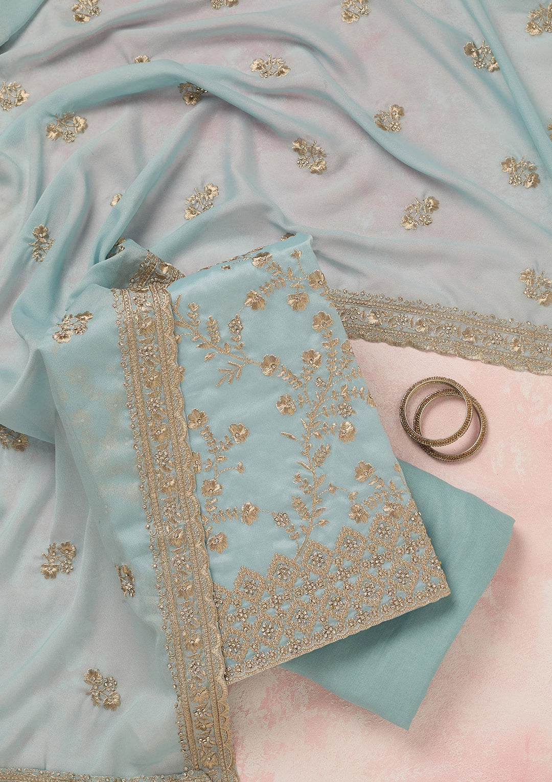 Sky Blue Zardozi (Silver) Semi Crepe Unstitched Salwar Suit_koskii