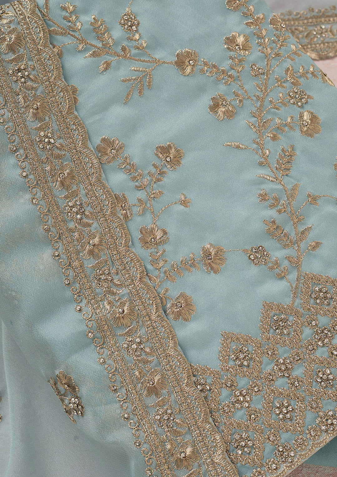 Sky Blue Zardozi (Silver) Semi Crepe Unstitched Salwar Suit_koskii