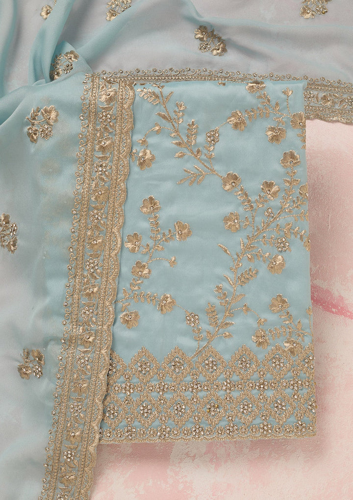 Sky Blue Zardozi (Silver) Semi Crepe Unstitched Salwar Suit_koskii