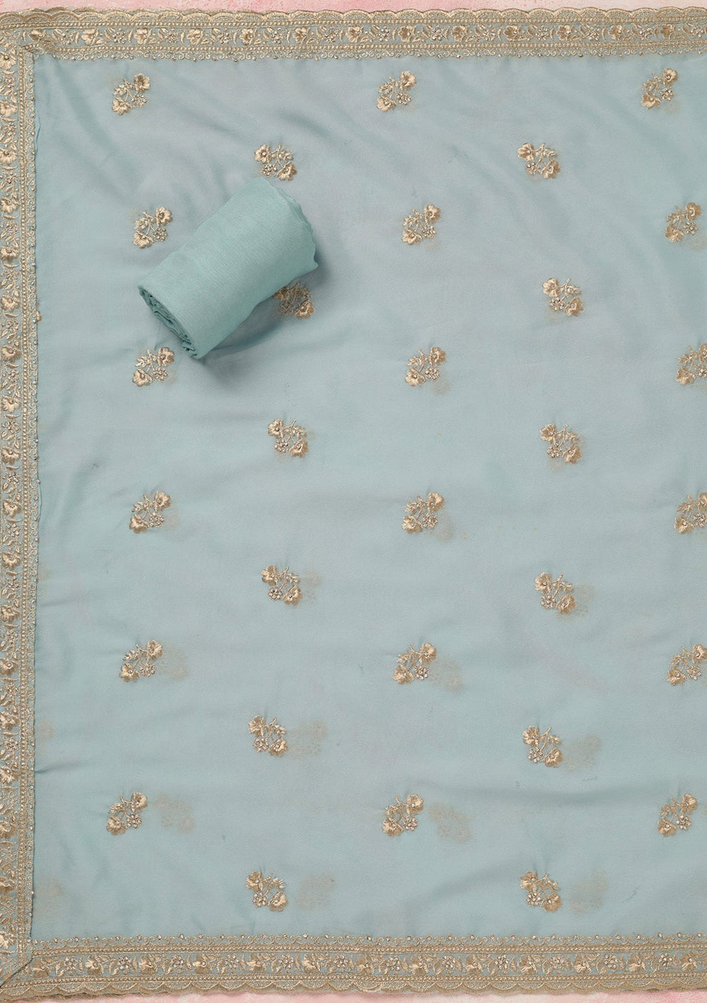Sky Blue Zardozi (Silver) Semi Crepe Unstitched Salwar Suit_koskii