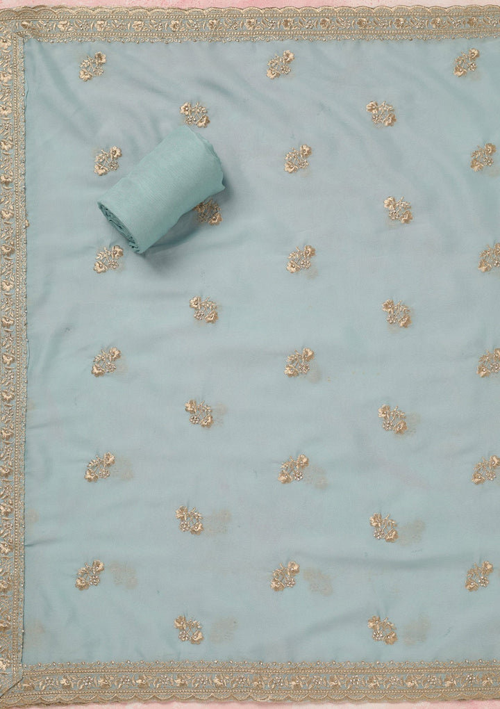Sky Blue Zardozi (Silver) Semi Crepe Unstitched Salwar Suit_koskii