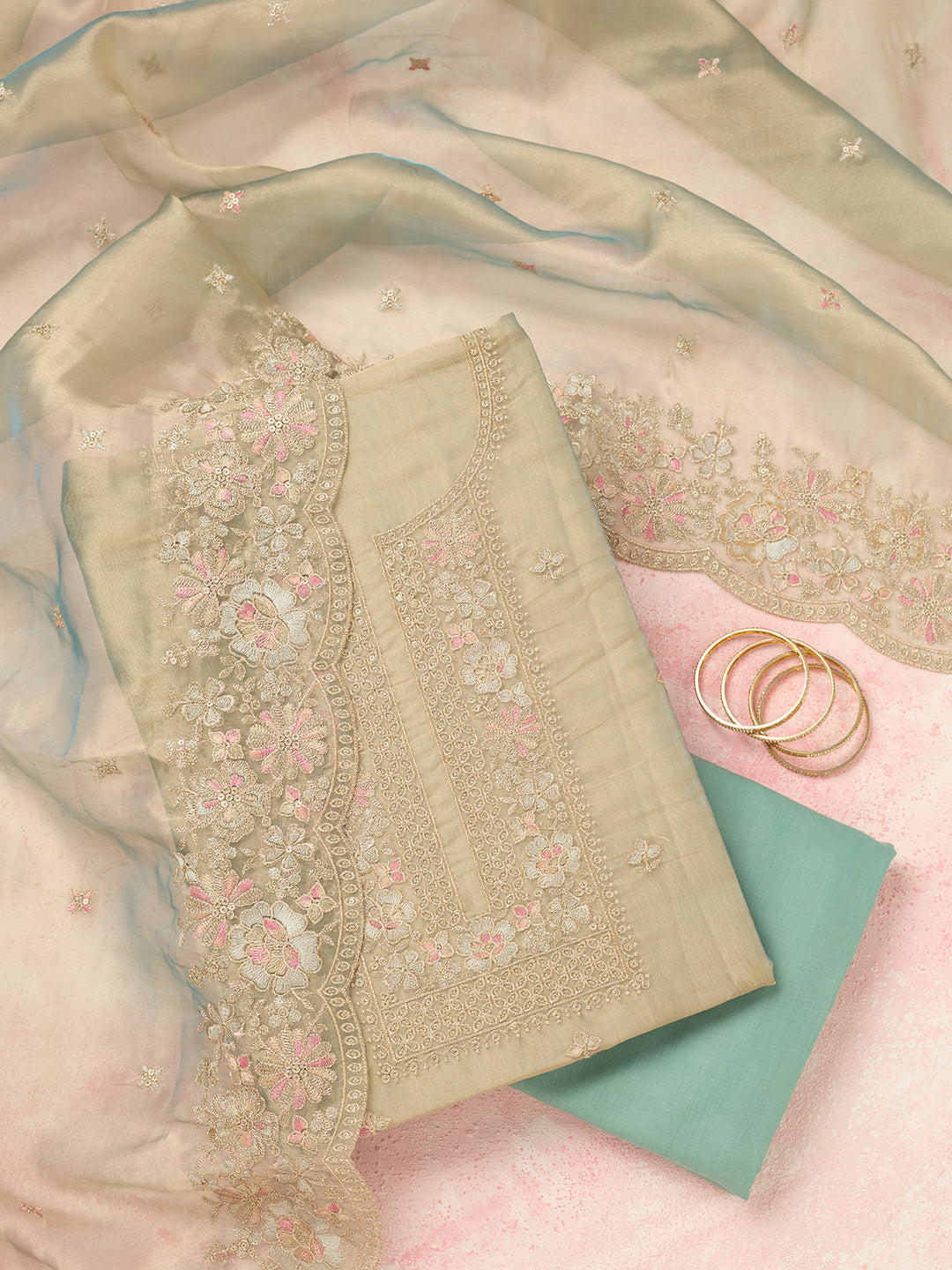 Turquoise Blue Zariwork (Gold) Tissue Unstitched Salwar Suit