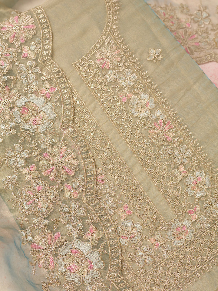 Turquoise Blue Zariwork (Gold) Tissue Unstitched Salwar Suit