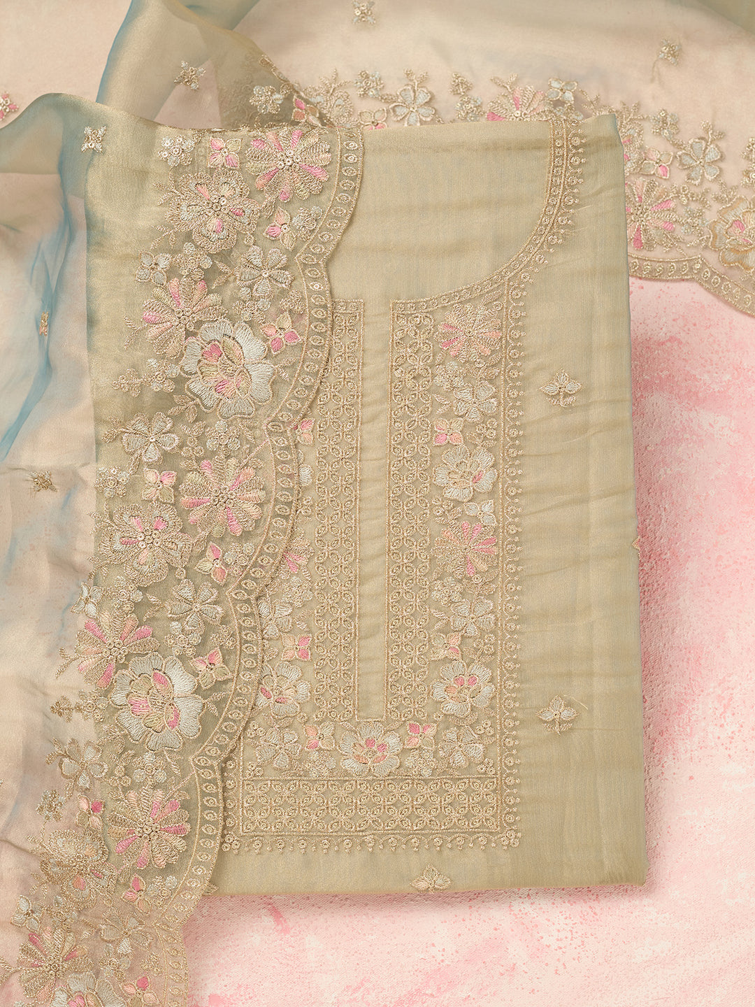 Turquoise Blue Zariwork (Gold) Tissue Unstitched Salwar Suit