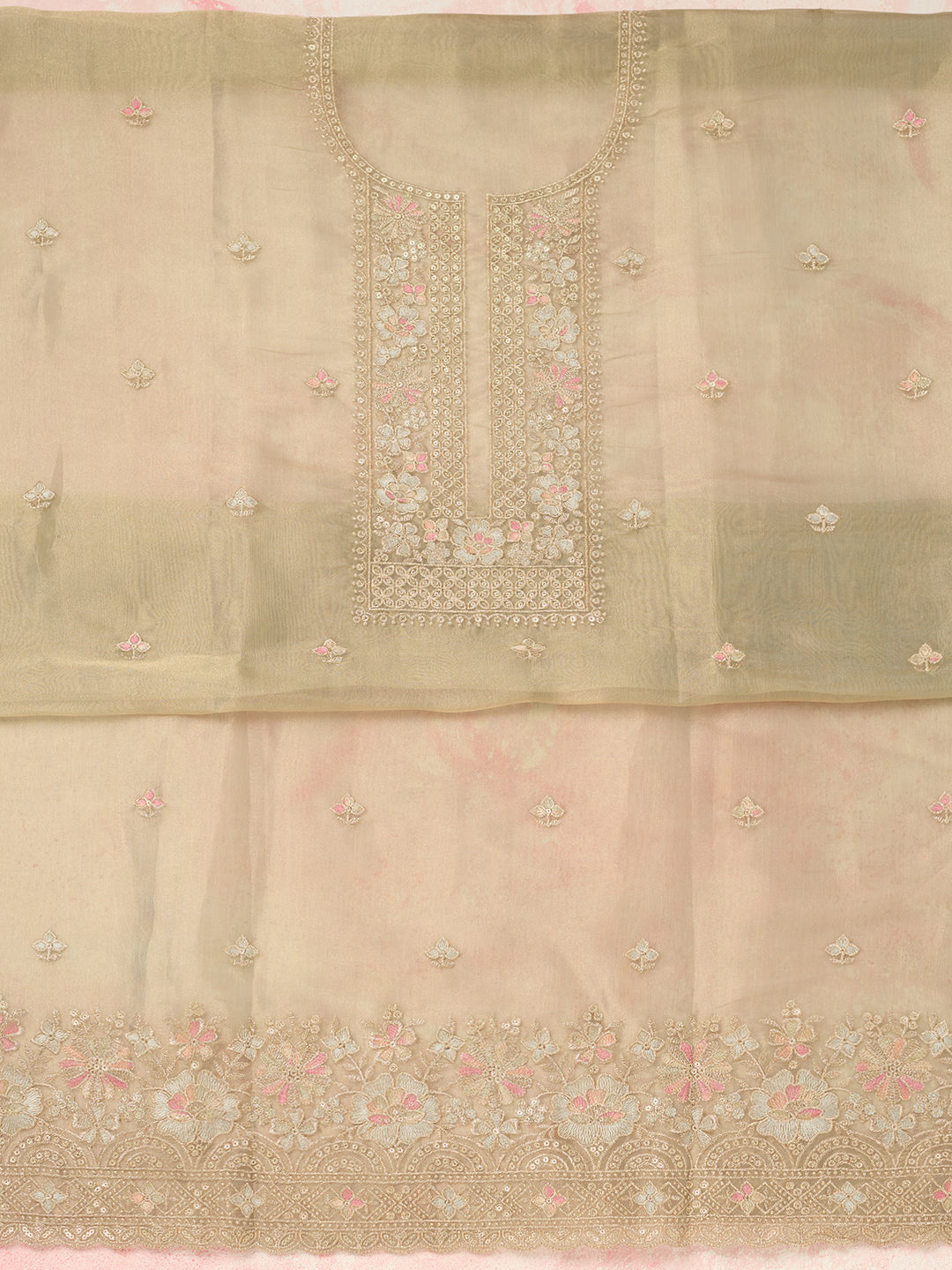 Turquoise Blue Zariwork (Gold) Tissue Unstitched Salwar Suit