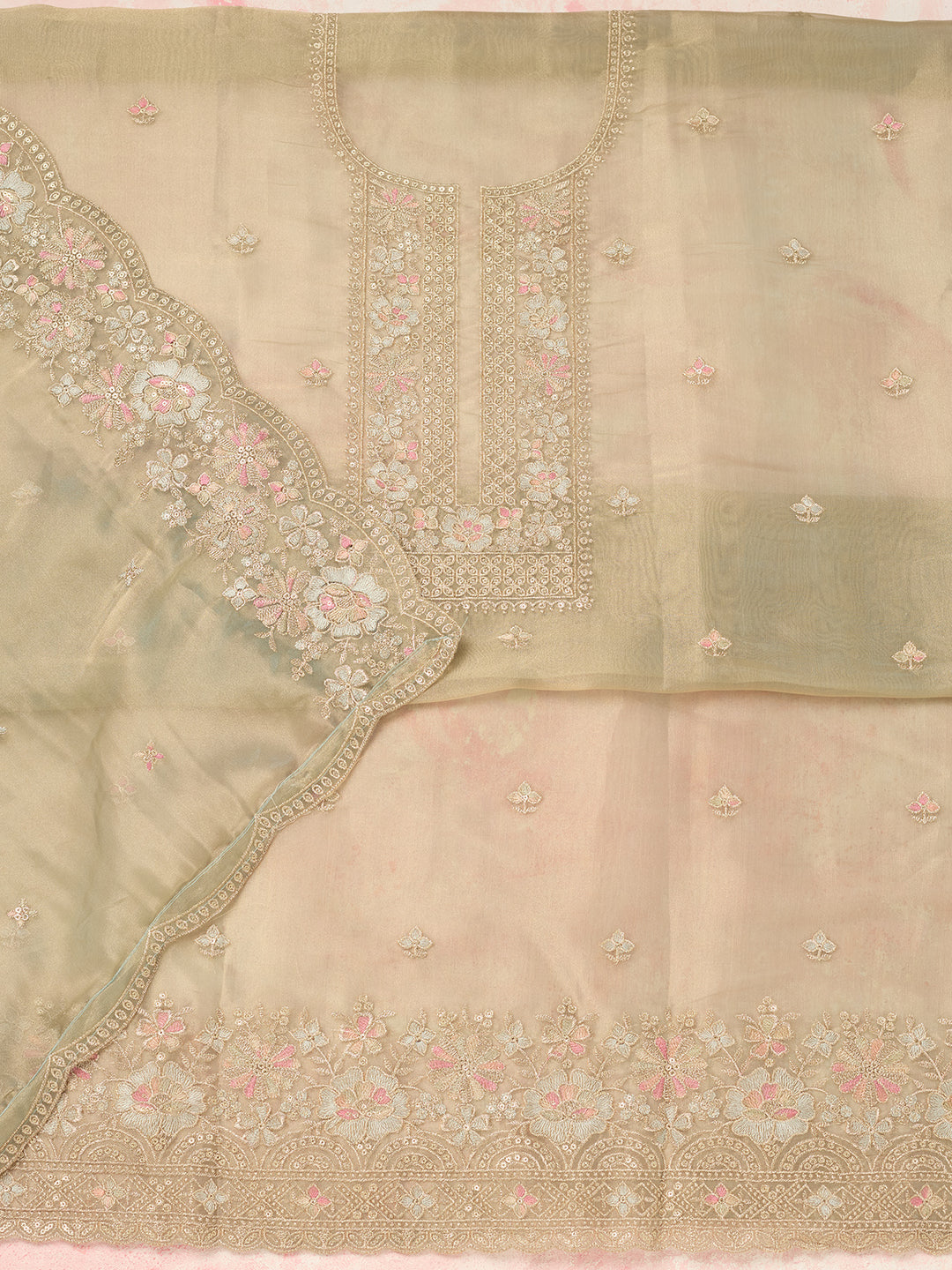 Turquoise Blue Zariwork (Gold) Tissue Unstitched Salwar Suit