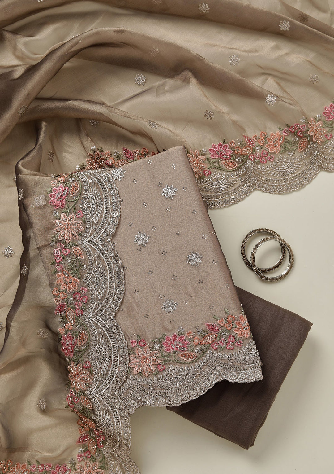 Light Brown Threadwork Tissue Unstitched Salwar Suit-koskii