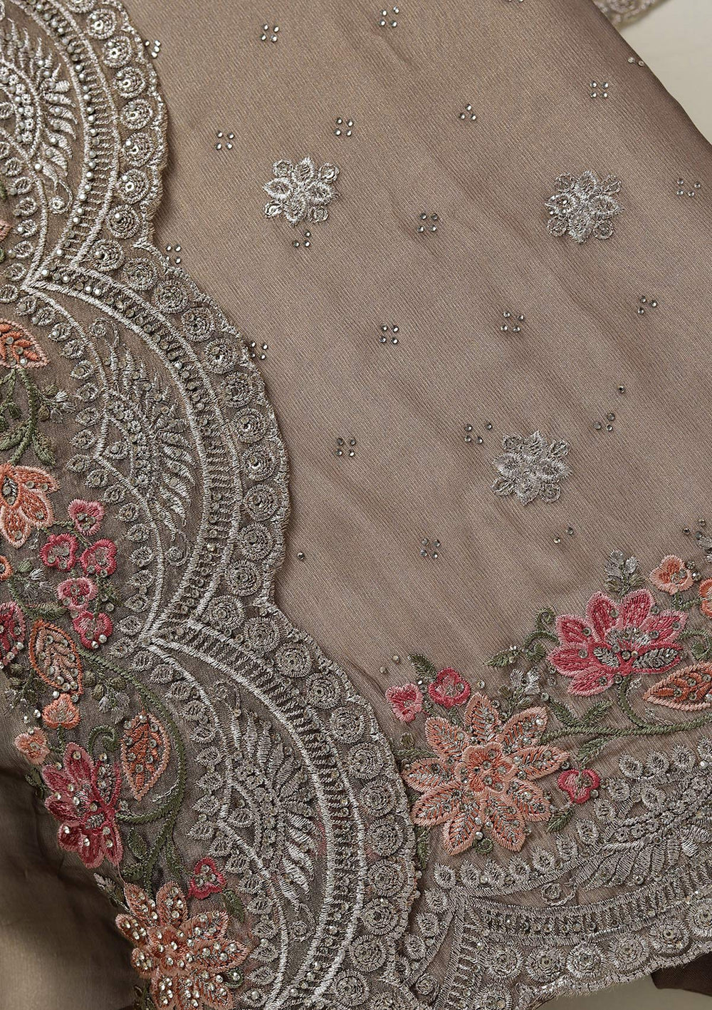 Light Brown Threadwork Tissue Unstitched Salwar Suit-koskii