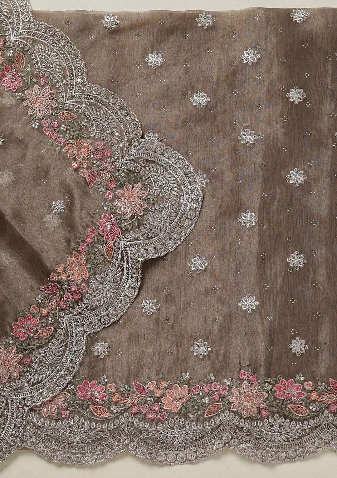 Light Brown Threadwork Tissue Unstitched Salwar Suit-koskii