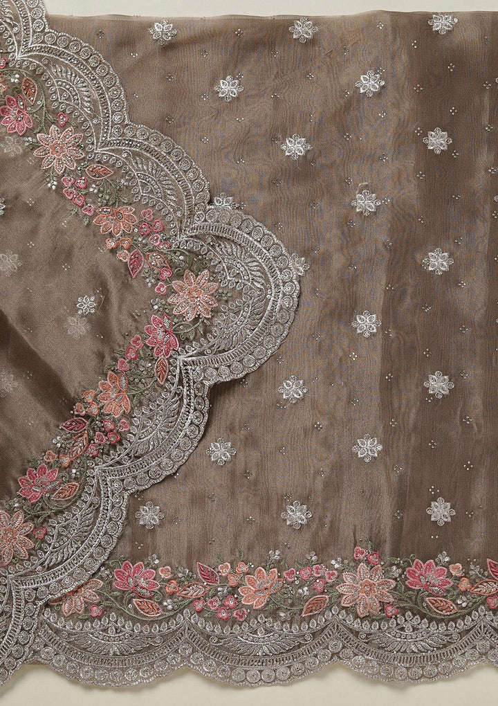 Light Brown Threadwork Tissue Unstitched Salwar Suit-koskii