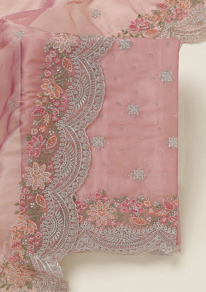Onion Pink Threadwork Tissue Unstitched Salwar Suit-koskii