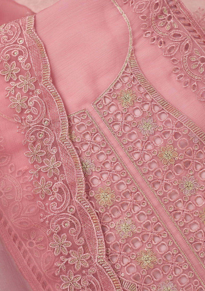 Pink Threadwork Tissue Unstitched Salwar Suit