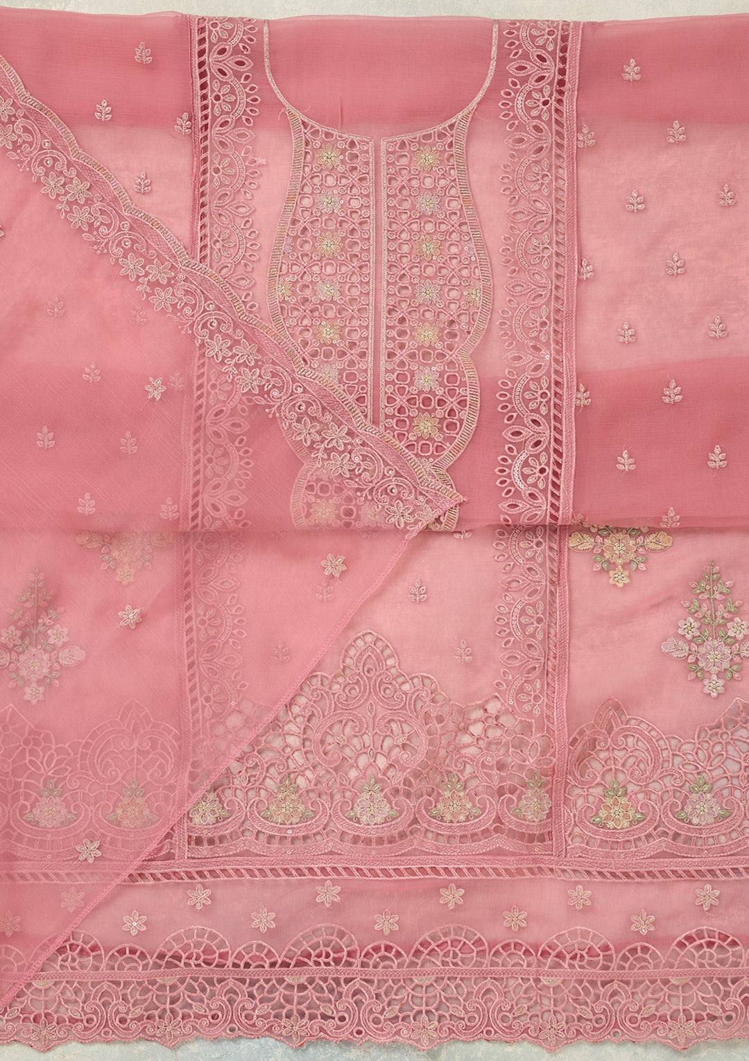 Pink Threadwork Tissue Unstitched Salwar Suit