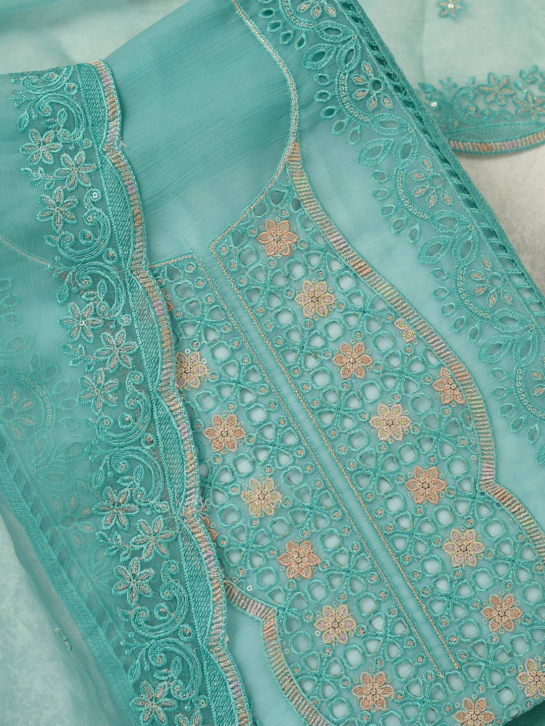 Sea Green Threadwork Tissue Unstitched Salwar Suit