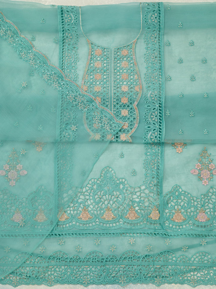 Sea Green Threadwork Tissue Unstitched Salwar Suit