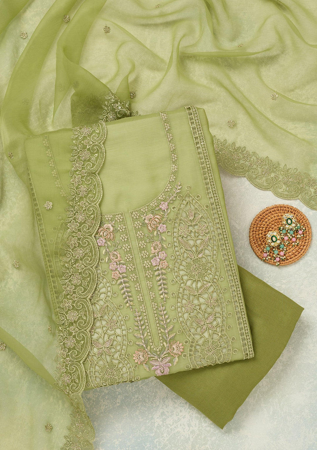 Green Threadwork Tissue Unstitched Salwar Suit