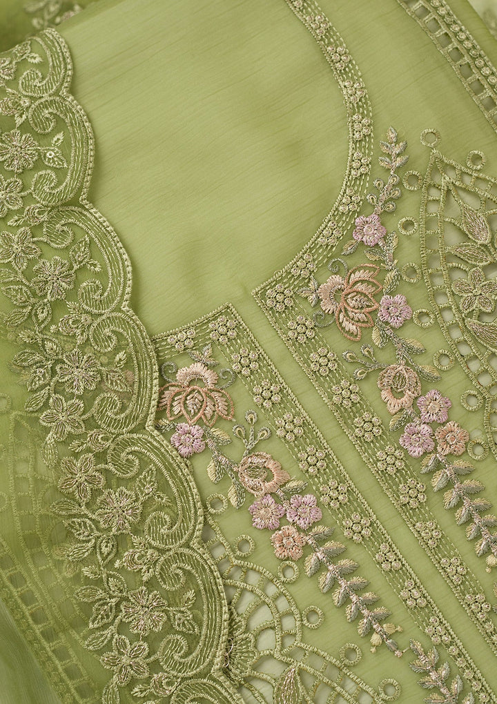 Green Threadwork Tissue Unstitched Salwar Suit