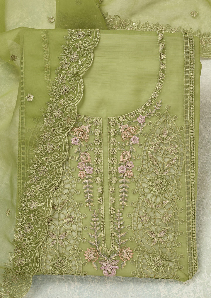 Green Threadwork Tissue Unstitched Salwar Suit