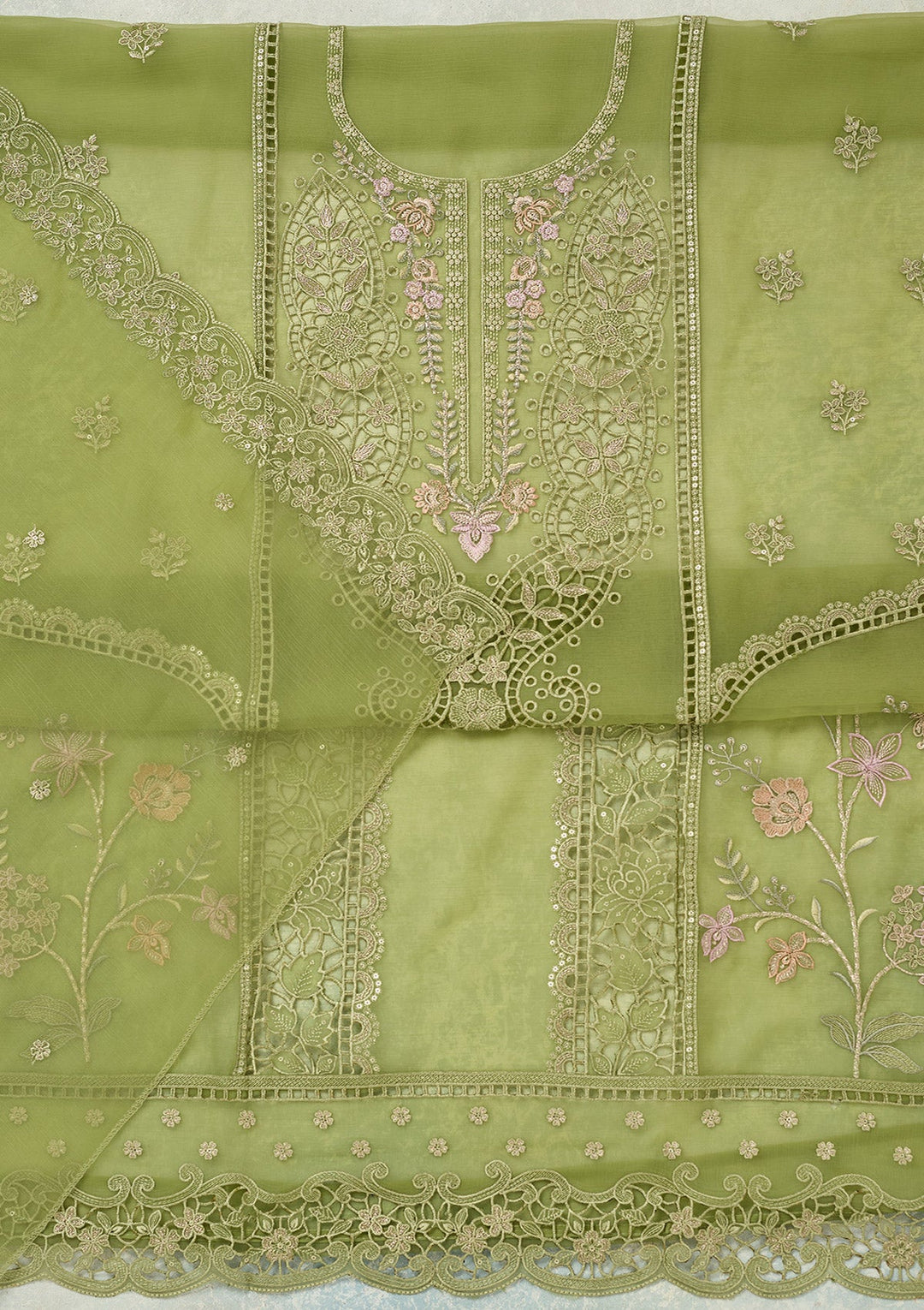 Green Threadwork Tissue Unstitched Salwar Suit