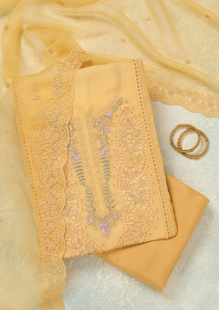 Yellow Threadwork Tissue Unstitched Salwar Suit