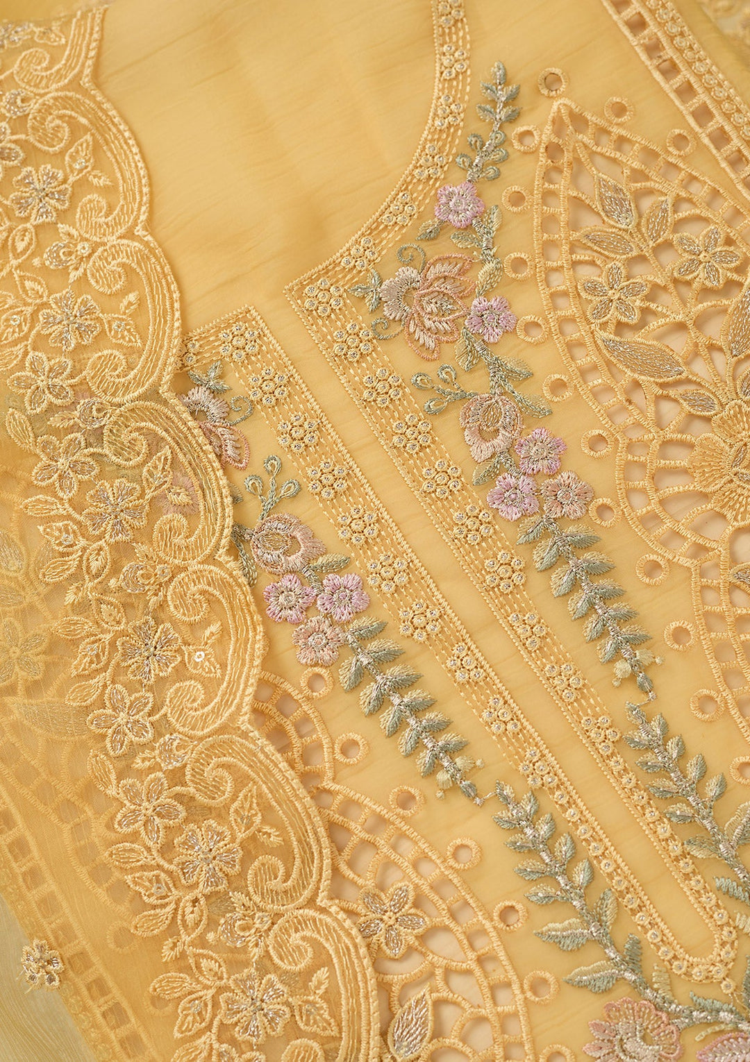 Yellow Threadwork Tissue Unstitched Salwar Suit