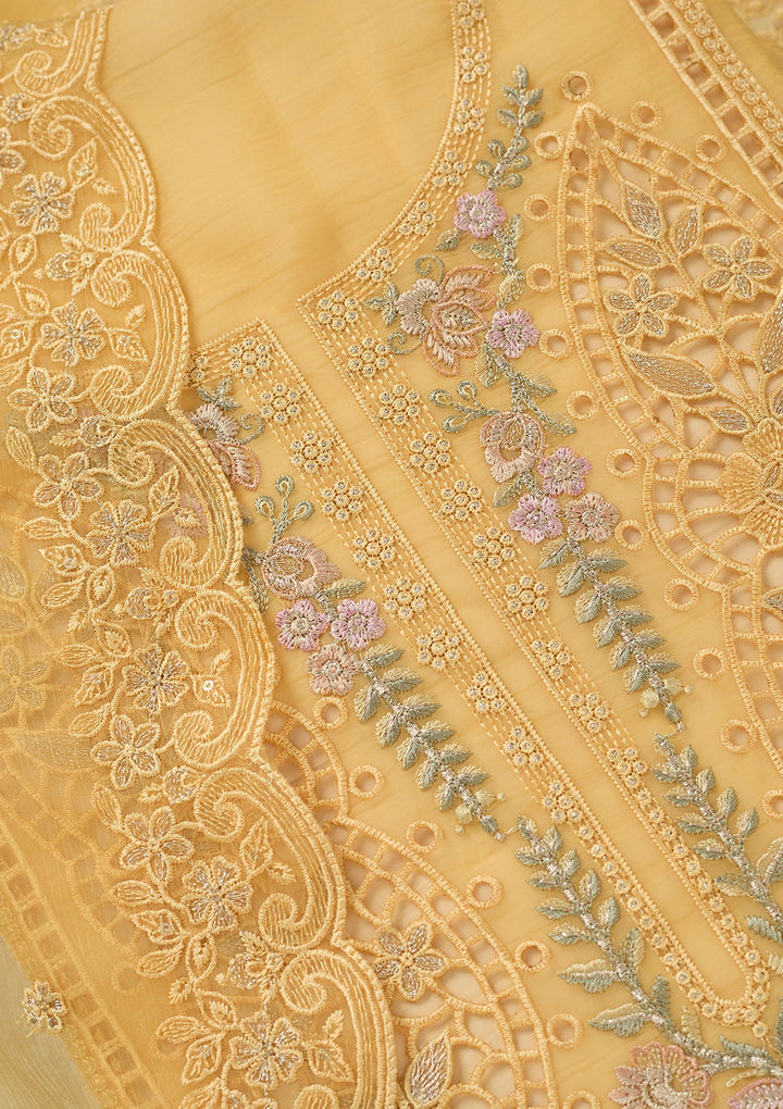 Yellow Threadwork Tissue Unstitched Salwar Suit