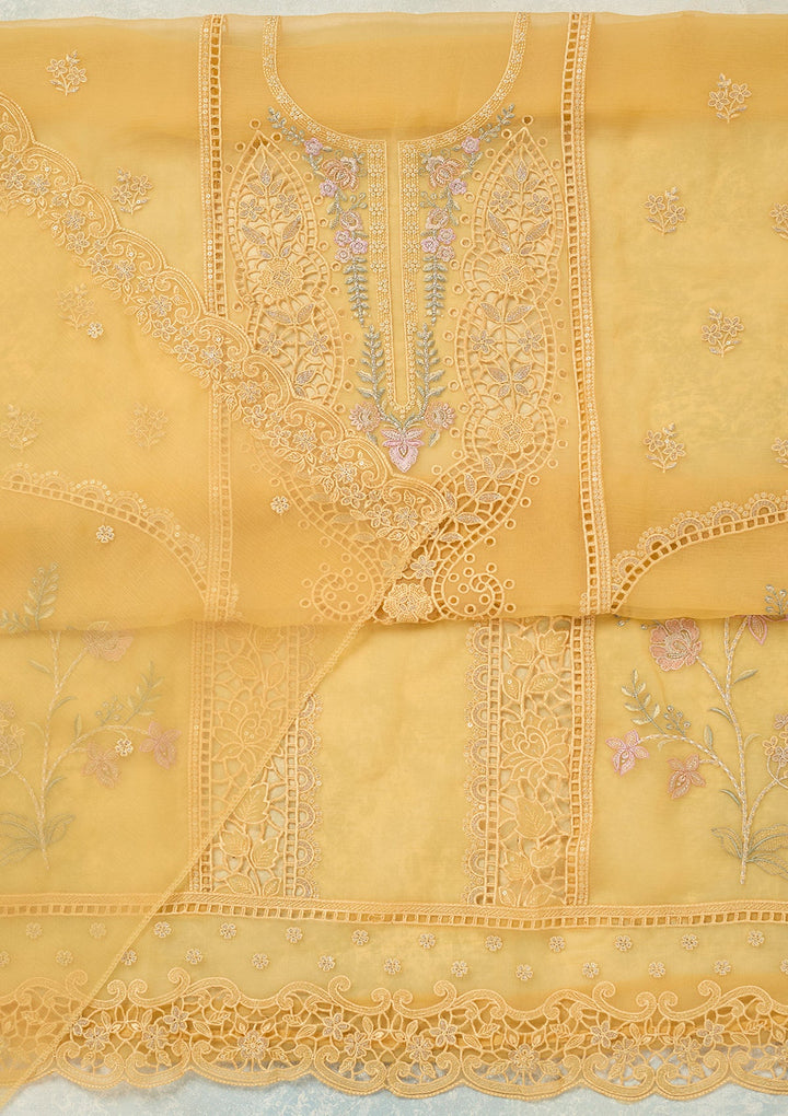 Yellow Threadwork Tissue Unstitched Salwar Suit