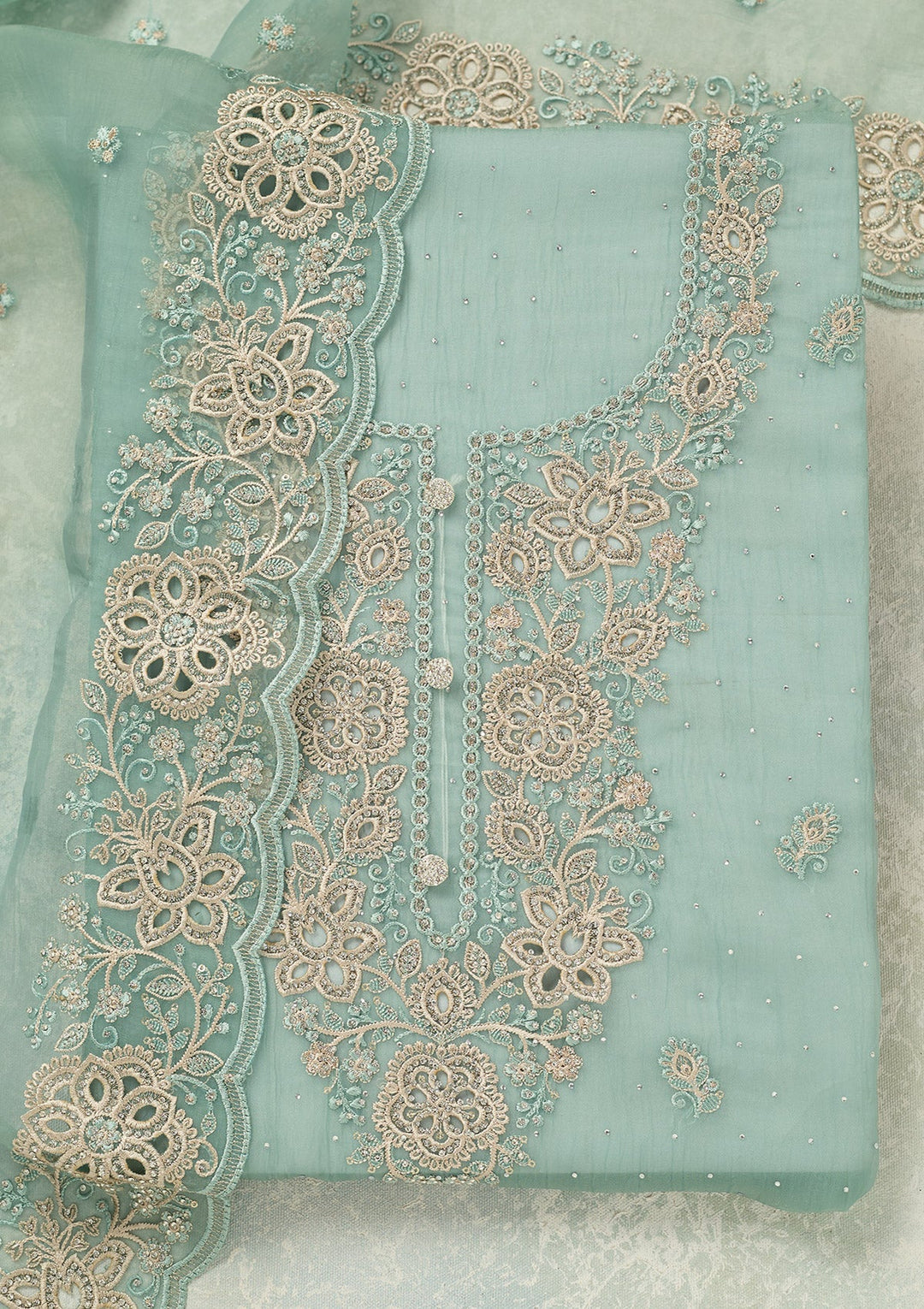 Sea Green Threadwork Tissue Unstitched Salwar Suit