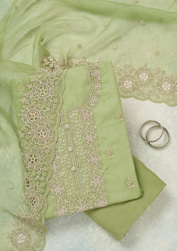 Pista Green Threadwork Tissue Unstitched Salwar Suit