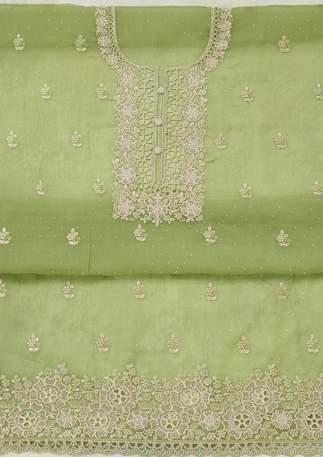 Pista Green Threadwork Tissue Unstitched Salwar Suit