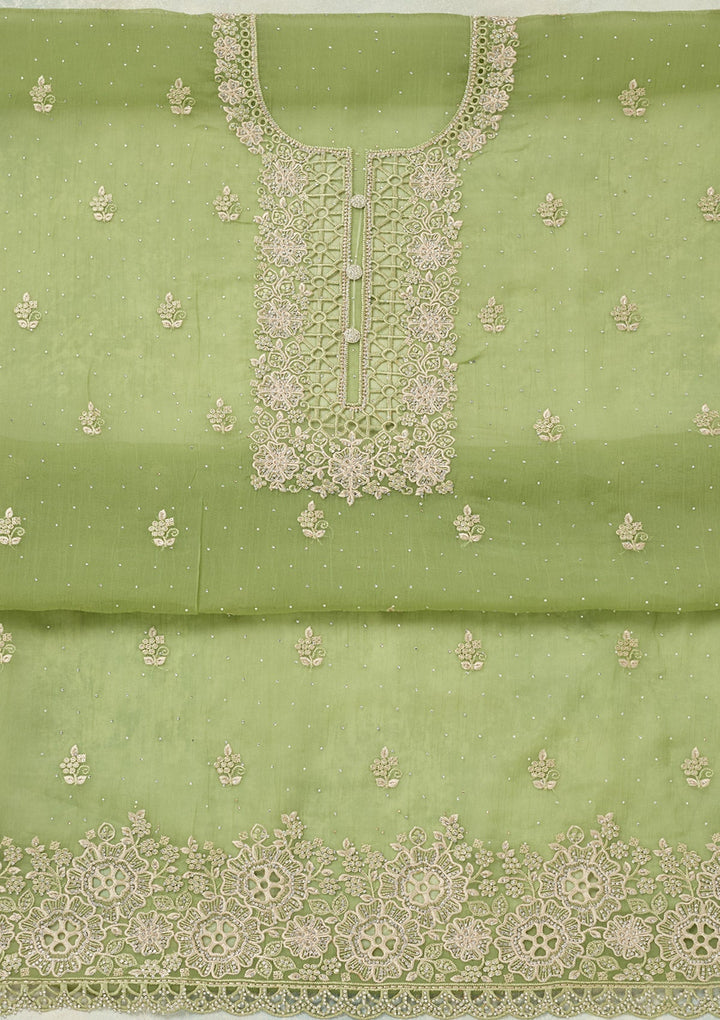 Pista Green Threadwork Tissue Unstitched Salwar Suit