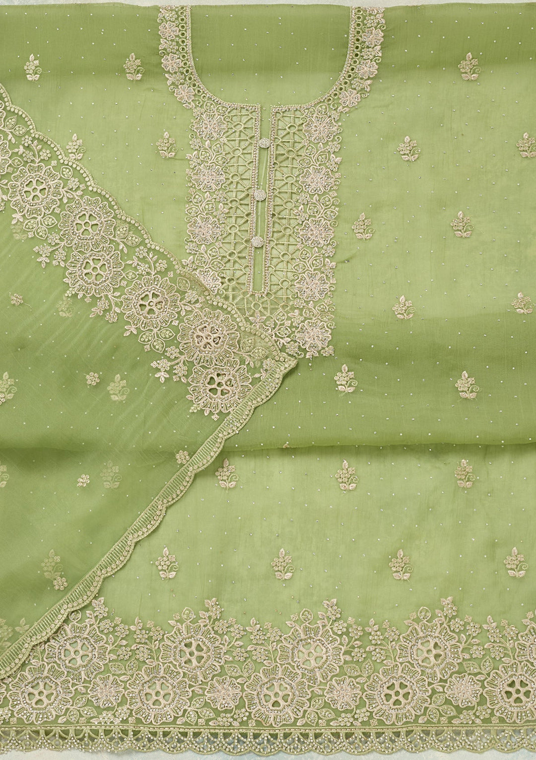Pista Green Threadwork Tissue Unstitched Salwar Suit