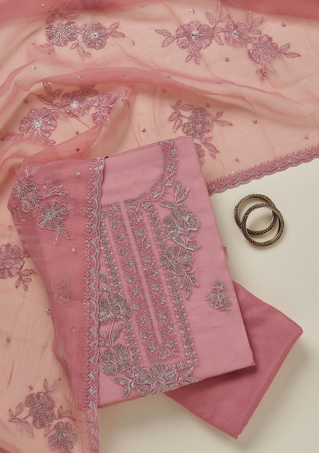 Onion Pink Threadwork Tissue Unstitched Salwar Suit-koskii