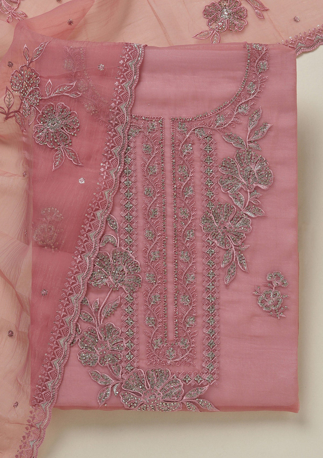 Onion Pink Threadwork Tissue Unstitched Salwar Suit-koskii
