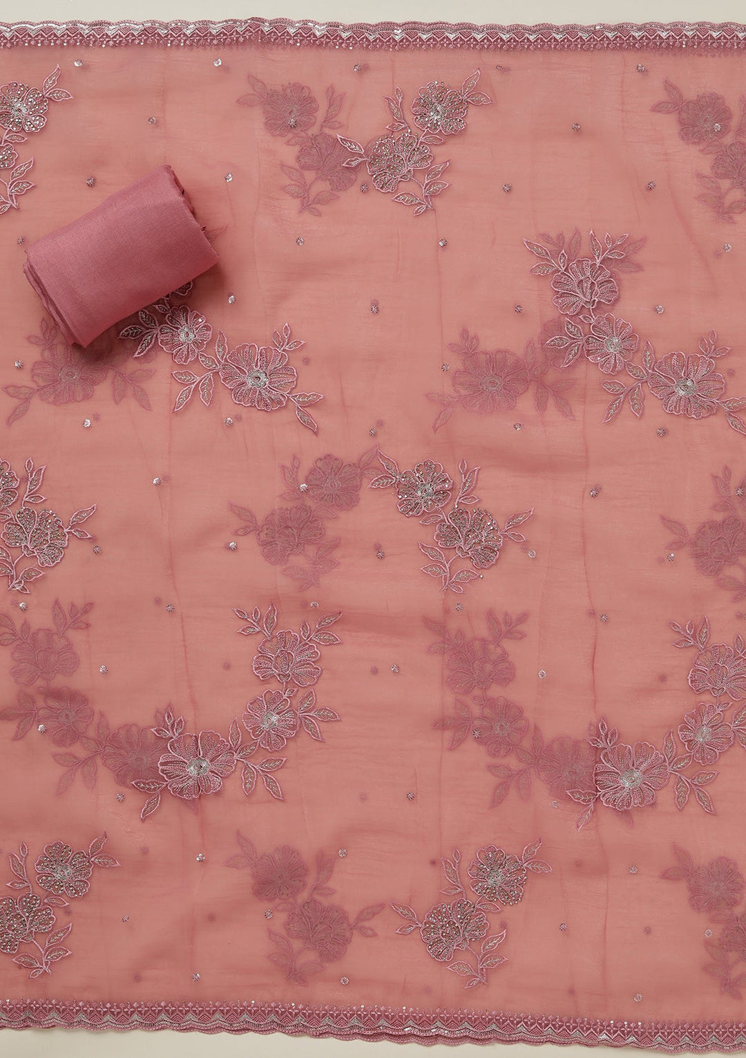 Onion Pink Threadwork Tissue Unstitched Salwar Suit-koskii