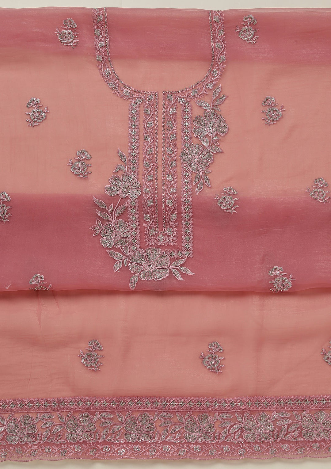 Onion Pink Threadwork Tissue Unstitched Salwar Suit-koskii