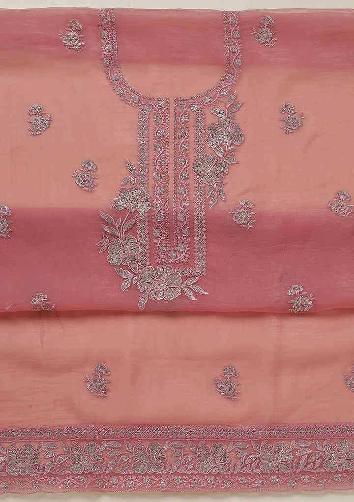 Onion Pink Threadwork Tissue Unstitched Salwar Suit-koskii