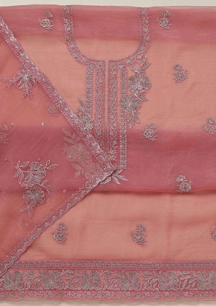 Onion Pink Threadwork Tissue Unstitched Salwar Suit-koskii
