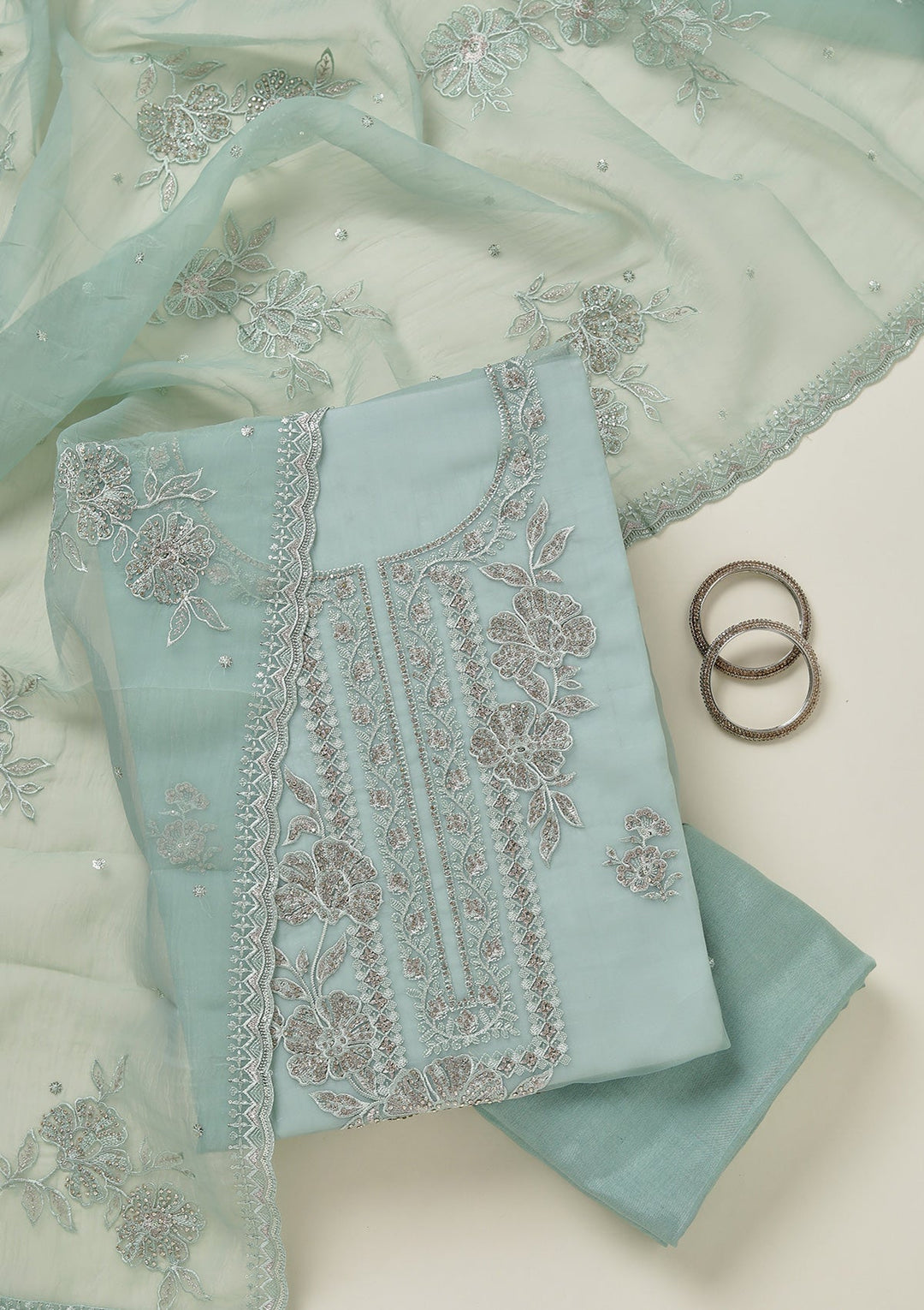 Sea Green Threadwork Tissue Unstitched Salwar Suit-koskii